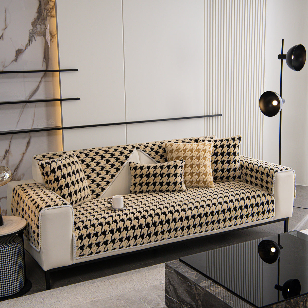 Winter Thickened Sherpa Fleece Houndstooth Sofa Cushion, Non-slip Sofa Cover with Plush