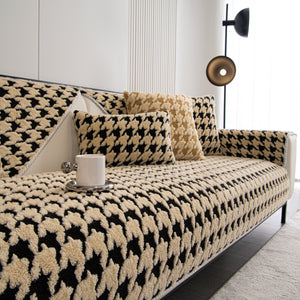 Winter Thickened Sherpa Fleece Houndstooth Sofa Cushion, Non-slip Sofa Cover with Plush