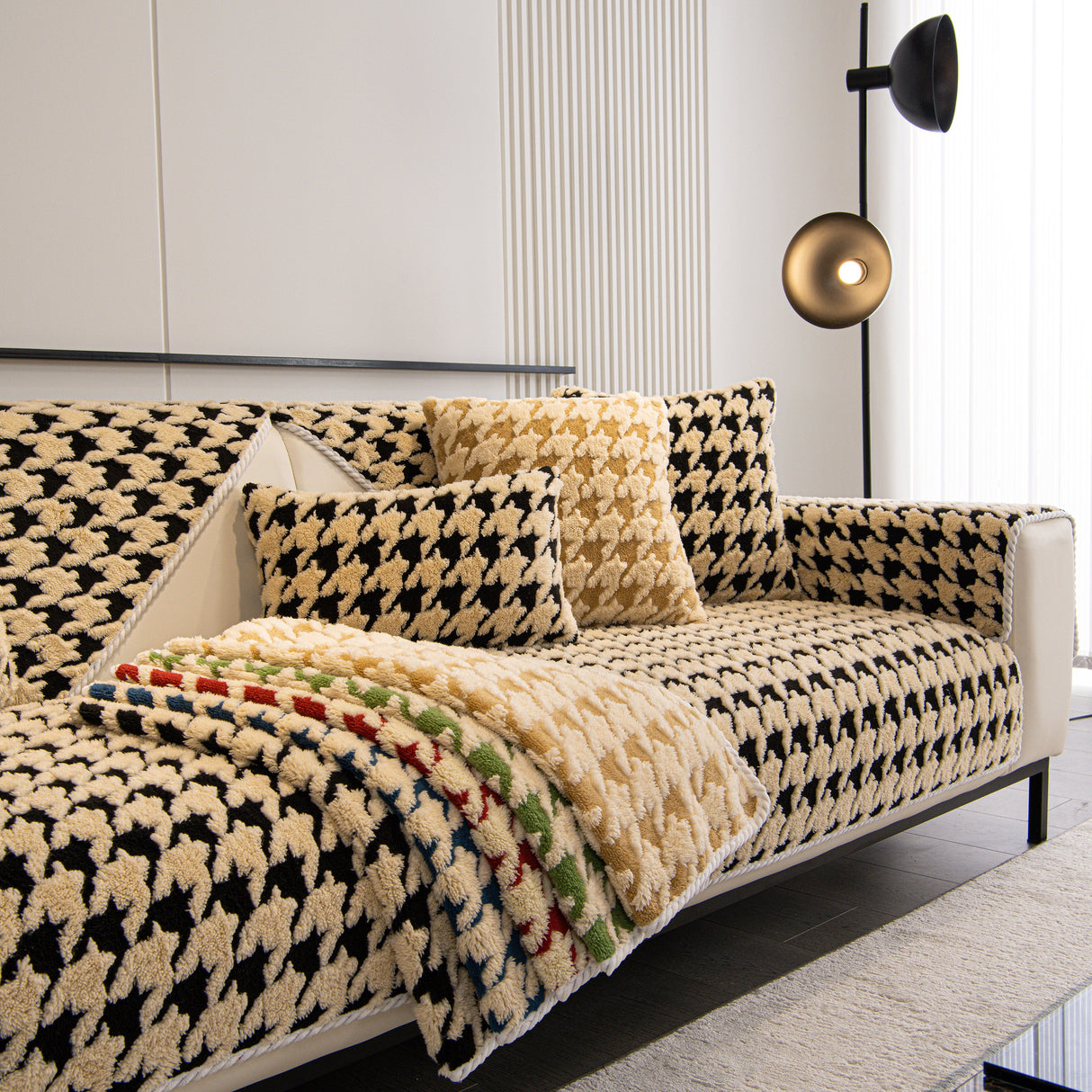 Winter Thickened Sherpa Fleece Houndstooth Sofa Cushion, Non-slip Sofa Cover with Plush
