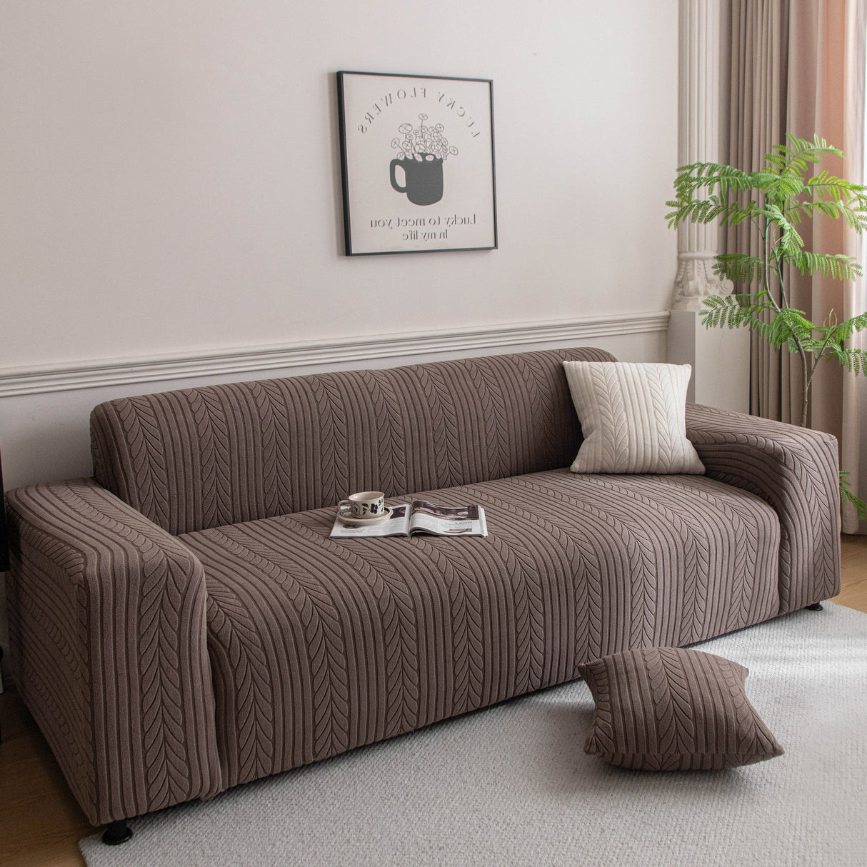 Plush Fleece Sofa Slipcover with 3D Wheat Pattern, Cozy High-Stretch Couch Cover