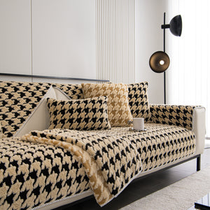 Winter Thickened Sherpa Fleece Houndstooth Sofa Cushion, Non-slip Sofa Cover with Plush