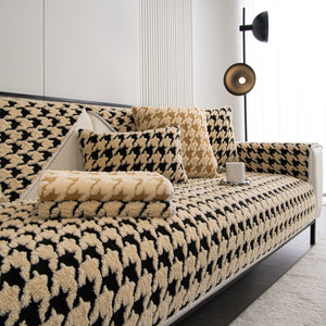 Winter Thickened Sherpa Fleece Houndstooth Sofa Cushion, Non-slip Sofa Cover with Plush