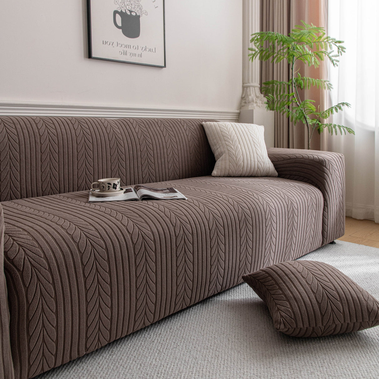 Plush Fleece Sofa Slipcover with 3D Wheat Pattern, Cozy High-Stretch Couch Cover