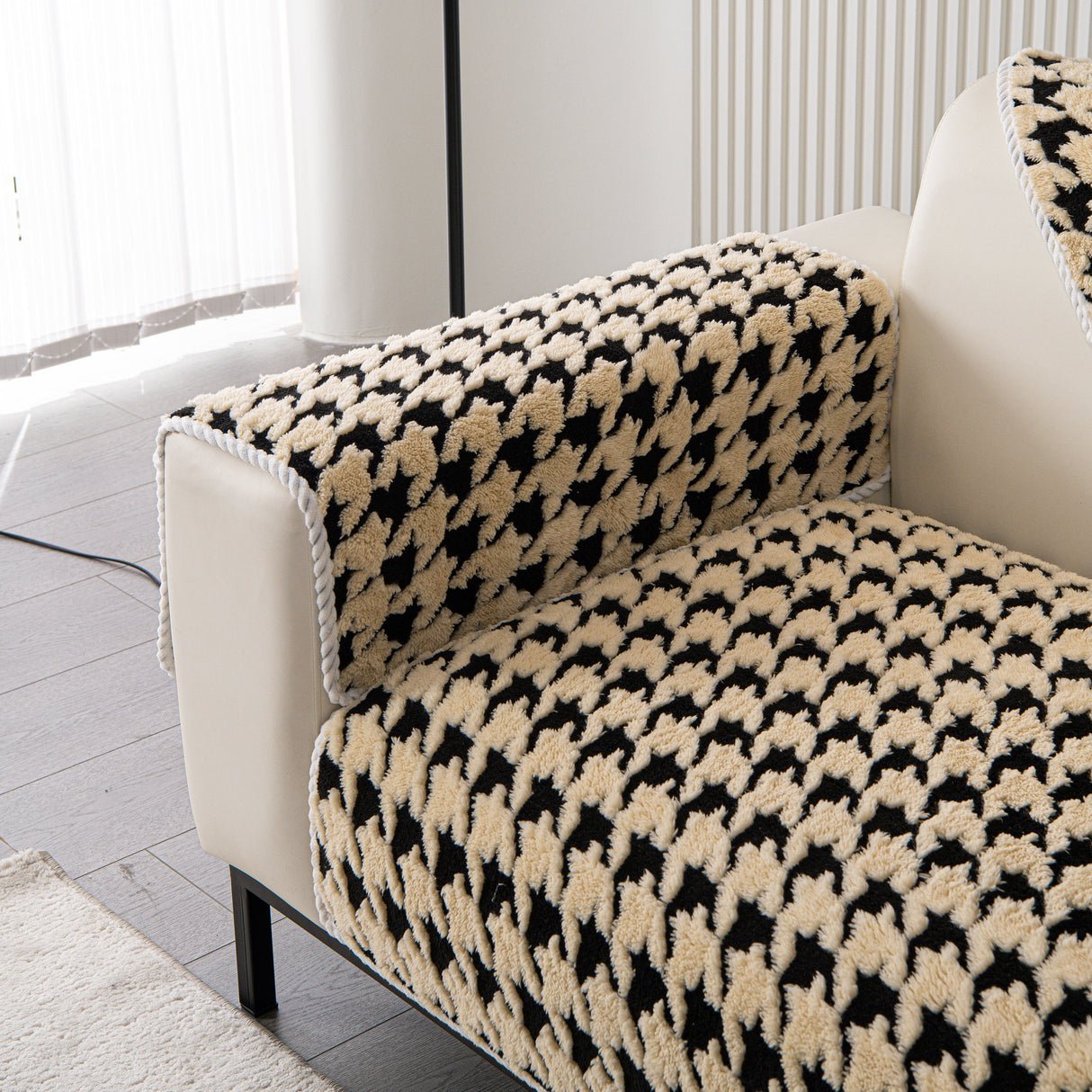 Winter Thickened Sherpa Fleece Houndstooth Sofa Cushion, Non-slip Sofa Cover with Plush