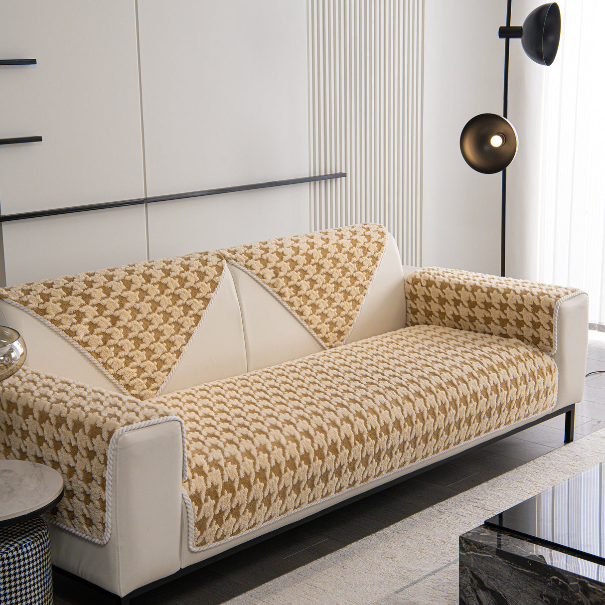 Winter Thickened Sherpa Fleece Houndstooth Sofa Cushion, Non-slip Sofa Cover with Plush