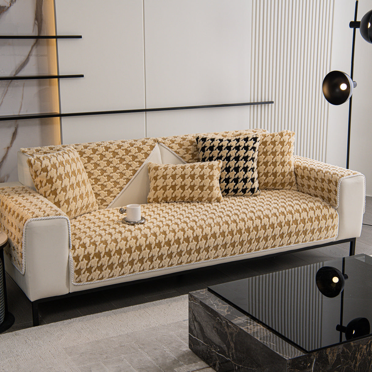 Winter Thickened Sherpa Fleece Houndstooth Sofa Cushion, Non-slip Sofa Cover with Plush