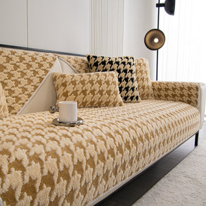 Winter Thickened Sherpa Fleece Houndstooth Sofa Cushion, Non-slip Sofa Cover with Plush