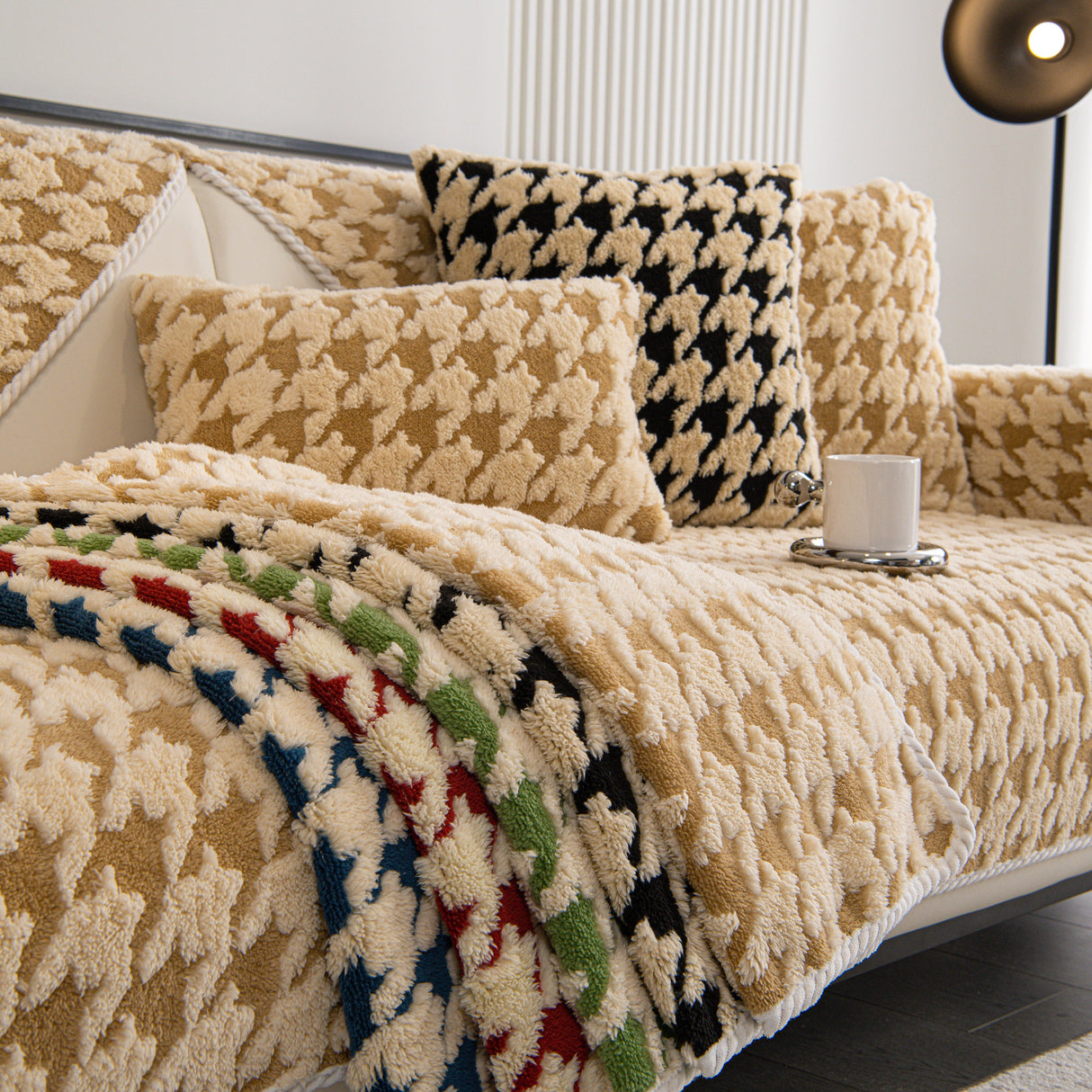 Winter Thickened Sherpa Fleece Houndstooth Sofa Cushion, Non-slip Sofa Cover with Plush