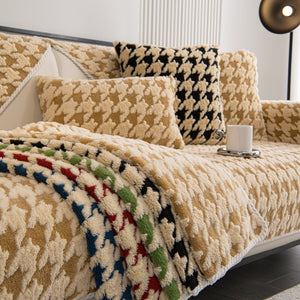 Winter Thickened Sherpa Fleece Houndstooth Sofa Cushion, Non-slip Sofa Cover with Plush