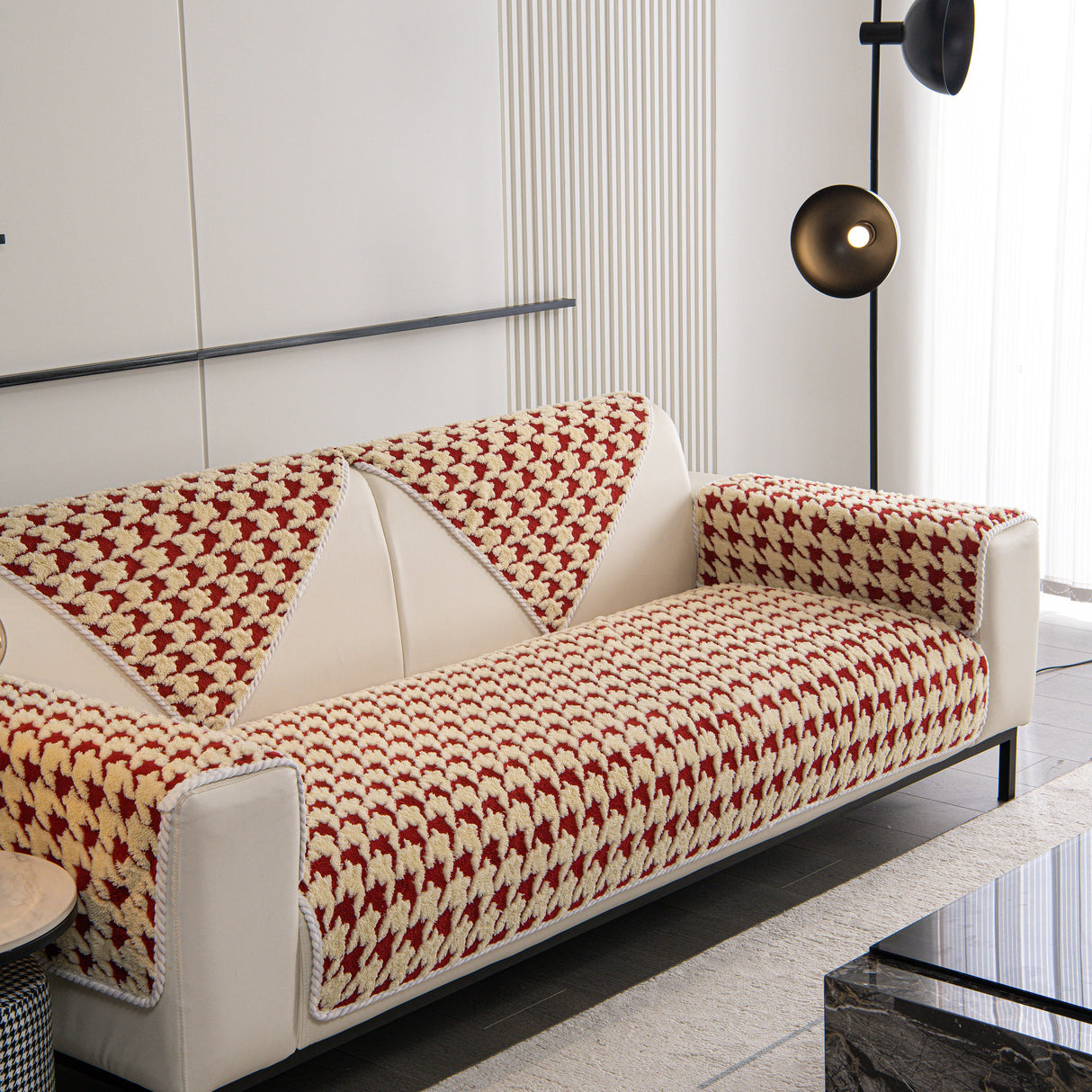 Winter Thickened Sherpa Fleece Houndstooth Sofa Cushion, Non-slip Sofa Cover with Plush
