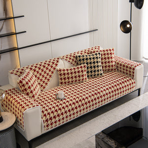 Winter Thickened Sherpa Fleece Houndstooth Sofa Cushion, Non-slip Sofa Cover with Plush