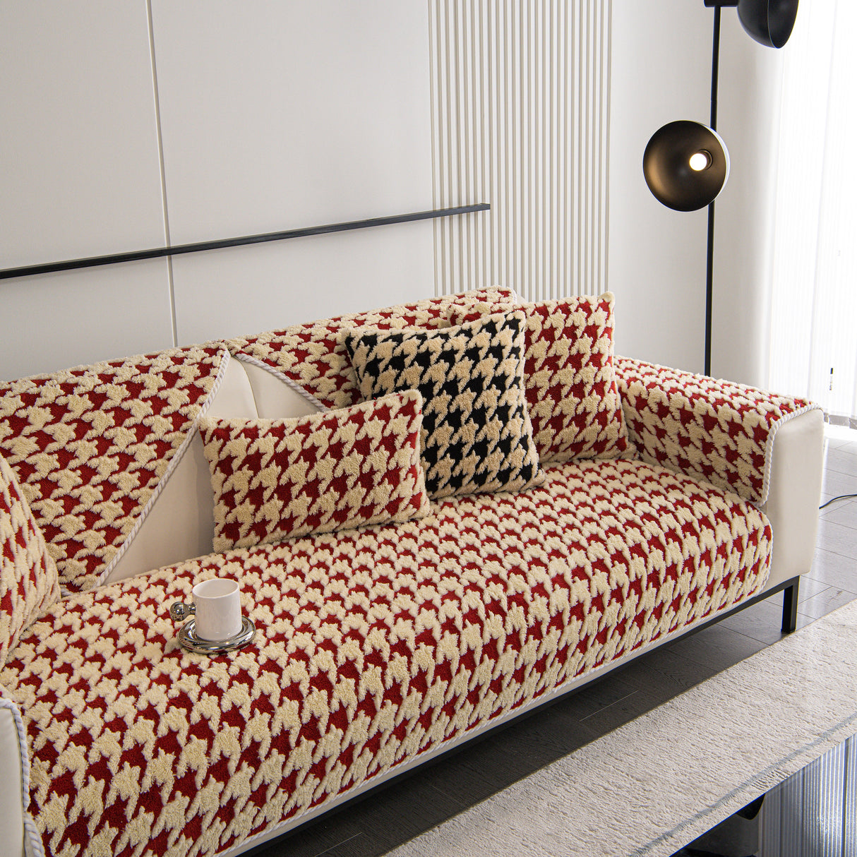 Winter Thickened Sherpa Fleece Houndstooth Sofa Cushion, Non-slip Sofa Cover with Plush