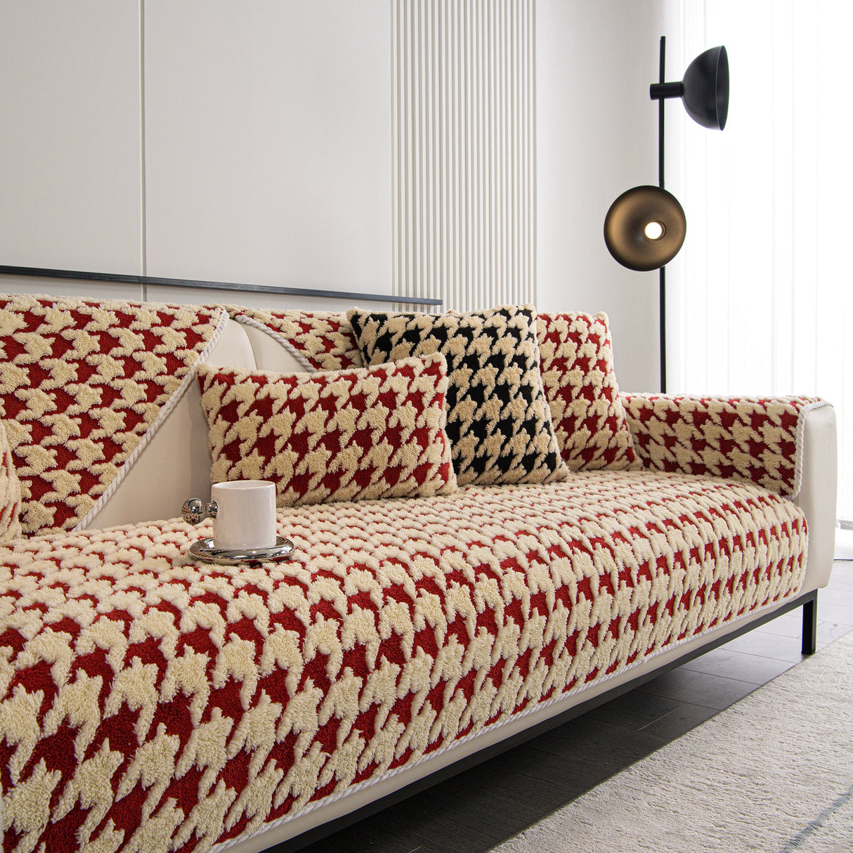 Winter Thickened Sherpa Fleece Houndstooth Sofa Cushion, Non-slip Sofa Cover with Plush