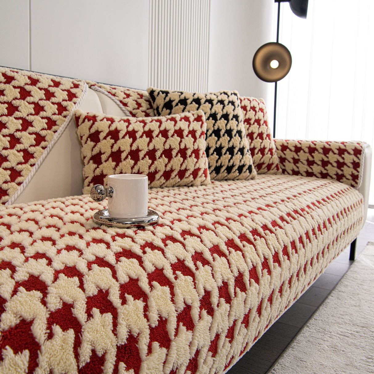 Winter Thickened Sherpa Fleece Houndstooth Sofa Cushion, Non-slip Sofa Cover with Plush
