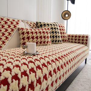 Winter Thickened Sherpa Fleece Houndstooth Sofa Cushion, Non-slip Sofa Cover with Plush