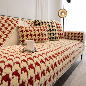 Winter Thickened Sherpa Fleece Houndstooth Sofa Cushion, Non-slip Sofa Cover with Plush