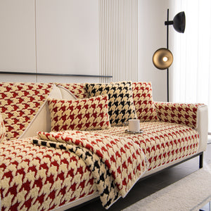 Winter Thickened Sherpa Fleece Houndstooth Sofa Cushion, Non-slip Sofa Cover with Plush