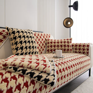 Winter Thickened Sherpa Fleece Houndstooth Sofa Cushion, Non-slip Sofa Cover with Plush