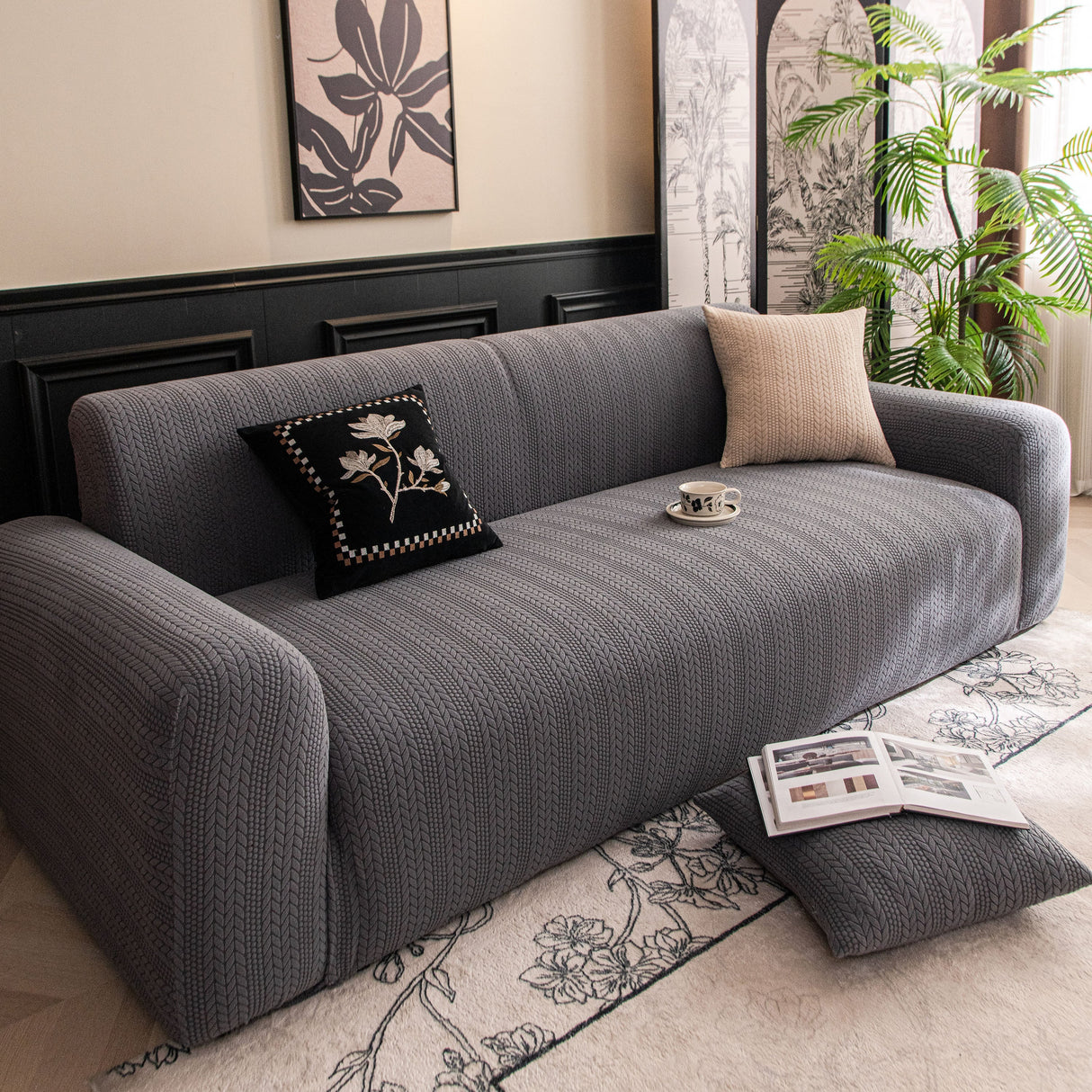 High Stretch Wheat Ear Embossed Textured Couch Slipcover, Water Repellent Sofa Cover