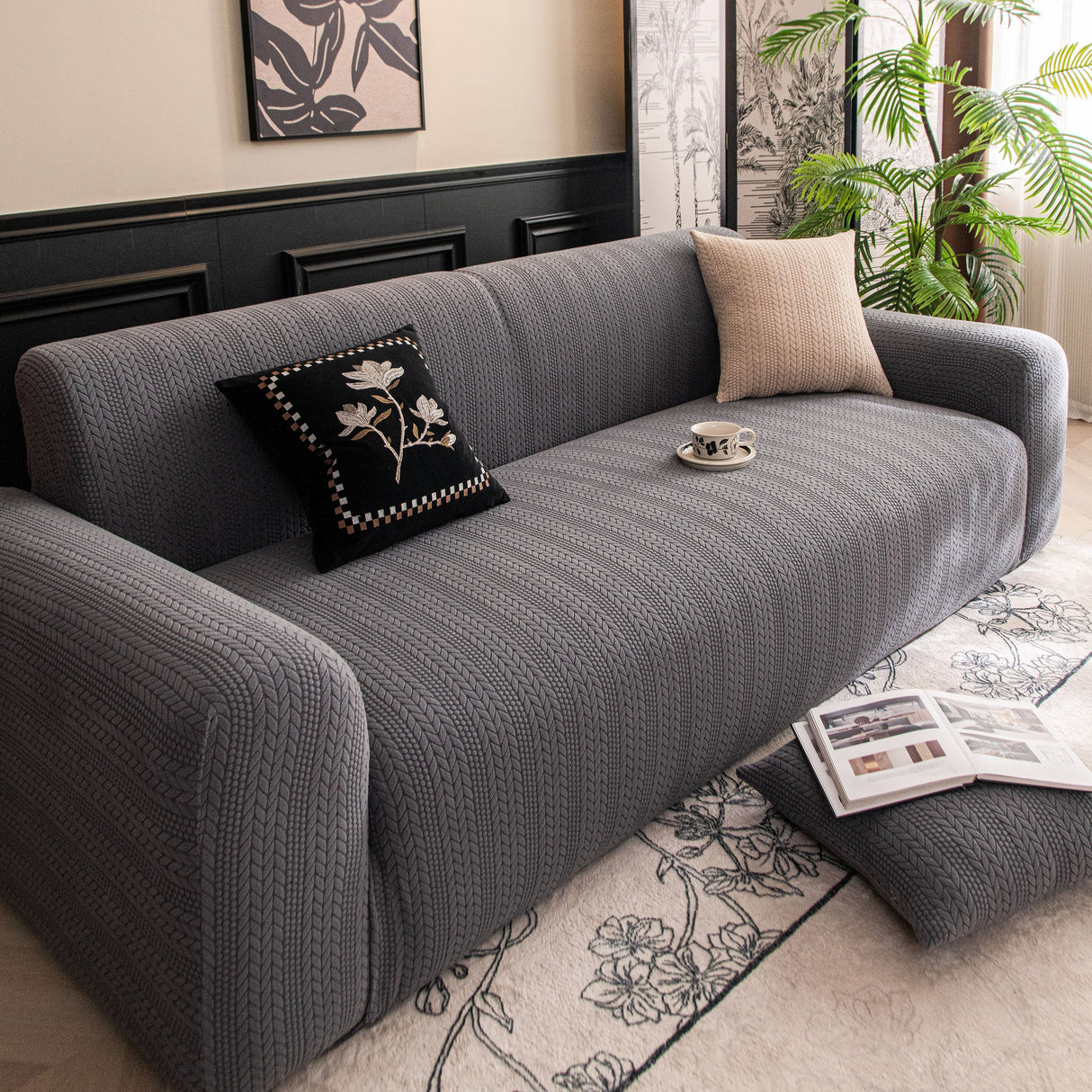 High Stretch Wheat Ear Embossed Textured Couch Slipcover, Water Repellent Sofa Cover