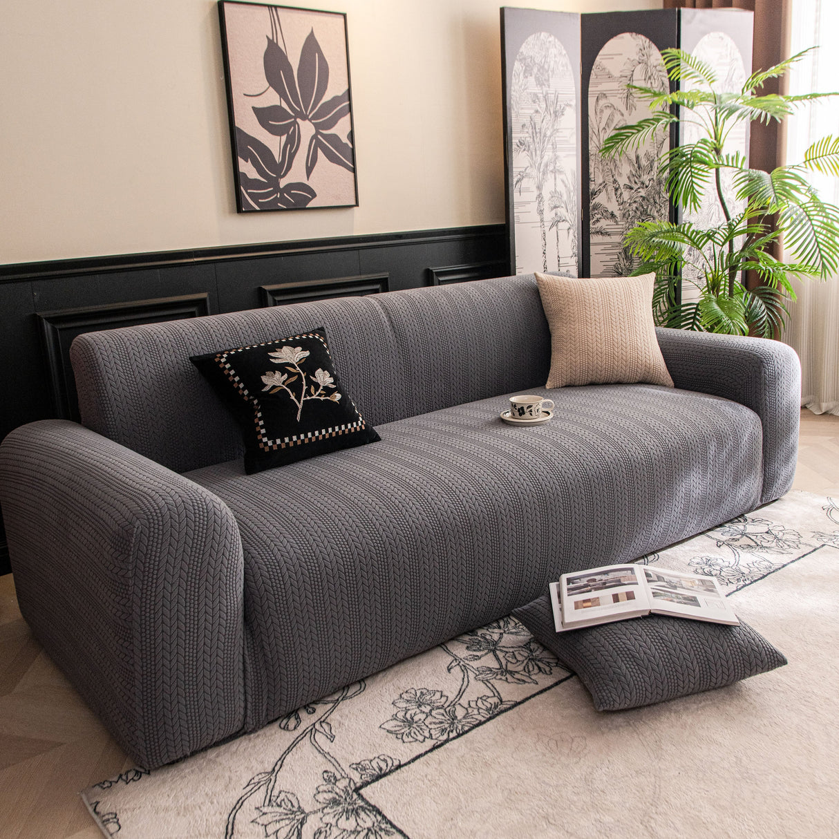 High Stretch Wheat Ear Embossed Textured Couch Slipcover, Water Repellent Sofa Cover