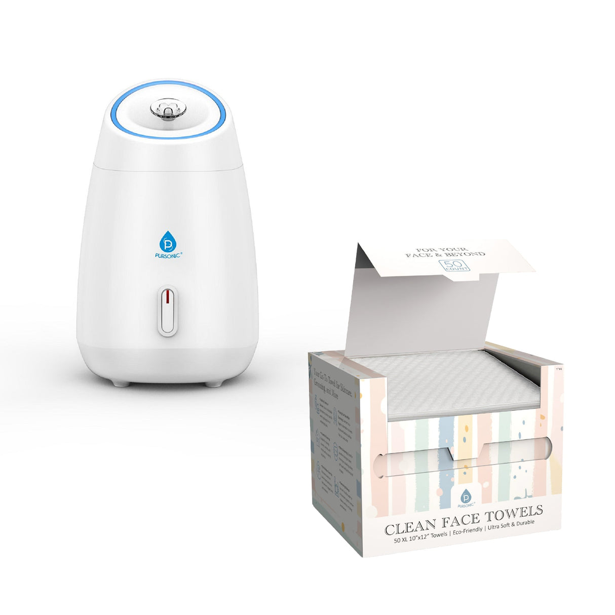 Glow & Go Skincare Essentials Bundle: Nano Facial Steamer + Clean Facial Towels by Pursonic