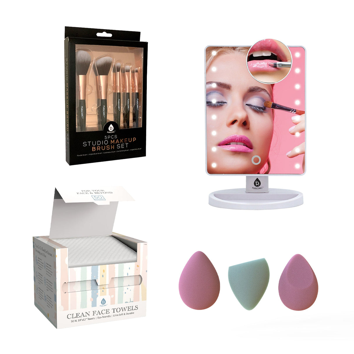 Pursonic Complete Beauty Set: Makeup Brushes, Facial Towels, LED Mirror & Blender Sponges by Pursonic