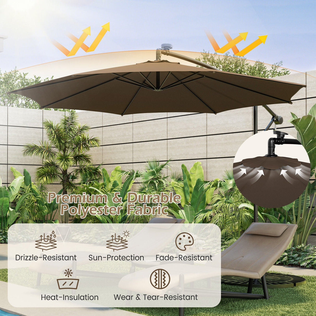 10 Feet Patio Offset Umbrella with 112 Solar-Powered LED Lights-Beige-Coffee by DirectDeals