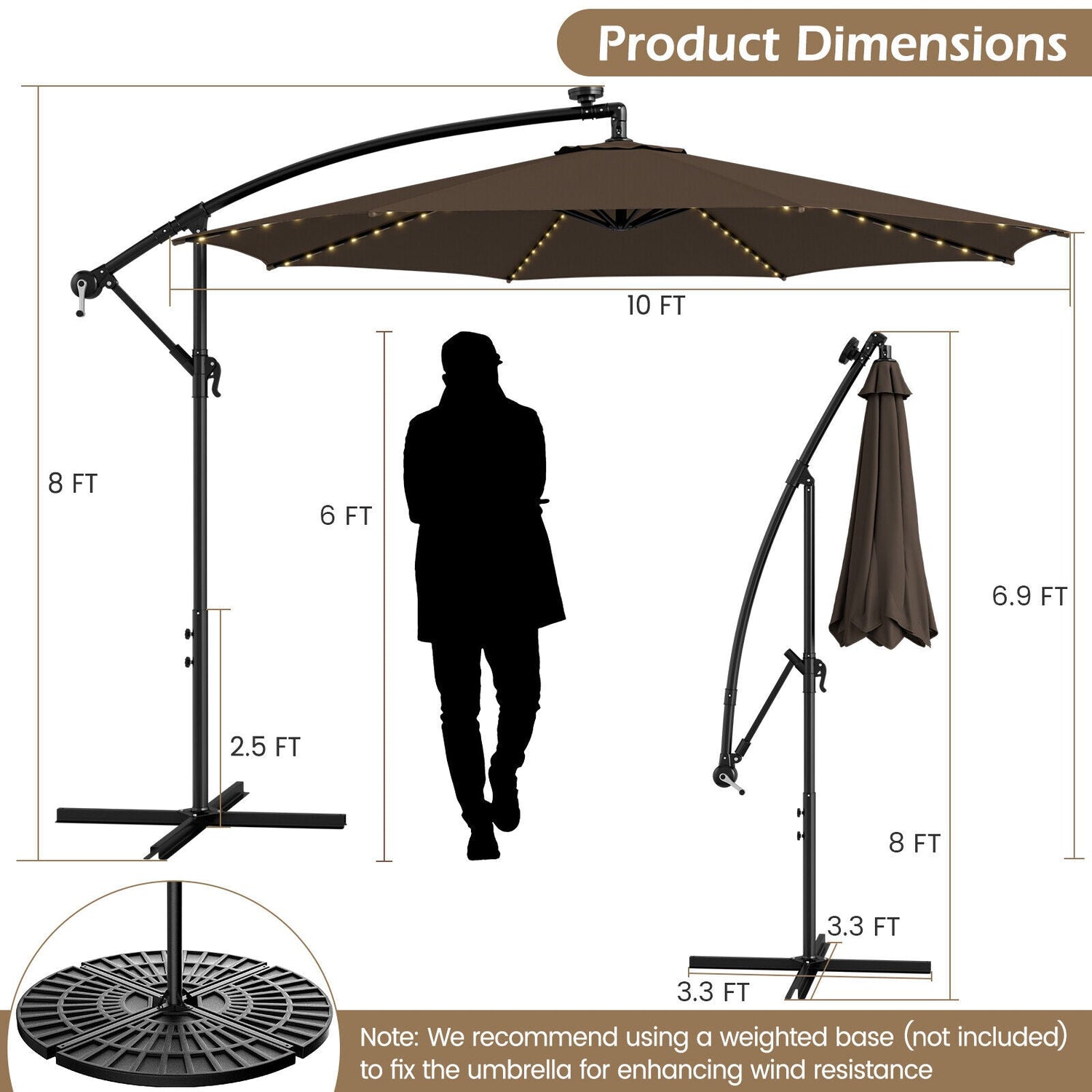 10 Feet Patio Offset Umbrella with 112 Solar-Powered LED Lights-Beige-Coffee by DirectDeals