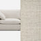 A modern beige sofa with a minimalist design is shown on the left. The right side features a close-up of the sofa's fabric, highlighting its texture and color. The sofa has a plush cushion and a simple, clean-lined armrest.