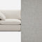 A modern, light gray fabric sofa is shown on the left with plush cushions. The right side displays a close-up of the textured fabric. The sofa has a minimalist design, creating an elegant and cozy appearance.