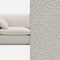 Close-up of a modern, light beige fabric sofa with a square armrest and cushion. The left side of the image shows the sofa, while the right side displays a detailed view of the fabric's texture, featuring small, even pebbled patterns.