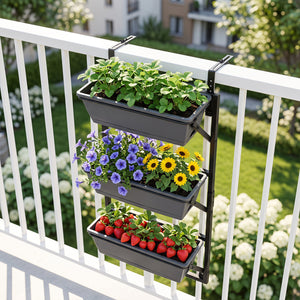 Deck Railing Planter Boxes with Adjustable Brackets & 3-Tier Design for Porch Patio-Black
