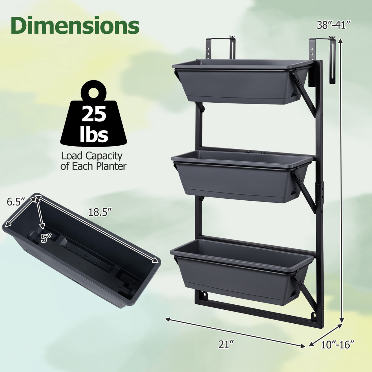 Deck Railing Planter Boxes with Adjustable Brackets & 3-Tier Design for Porch Patio-Black