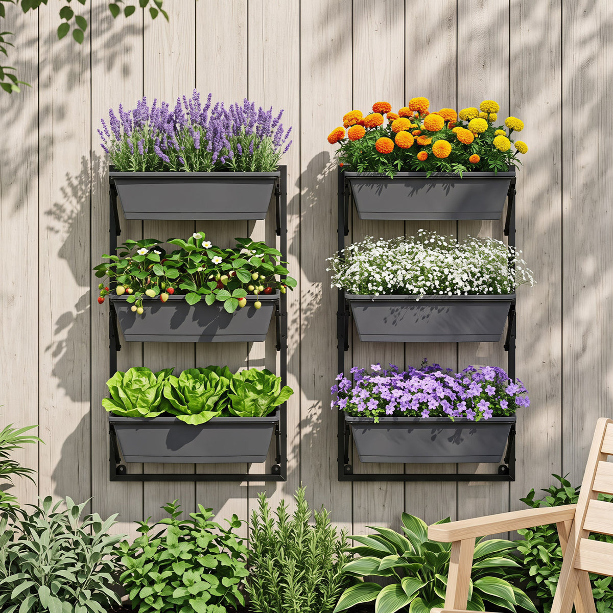 Deck Railing Planter Boxes with Adjustable Brackets & 3-Tier Design for Porch Patio-Black