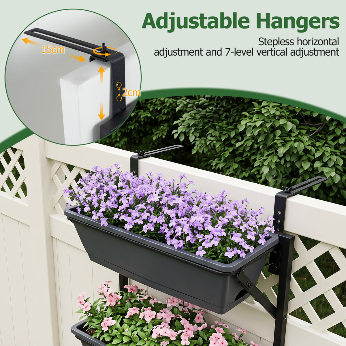 Deck Railing Planter Boxes with Adjustable Brackets & 3-Tier Design for Porch Patio-Black