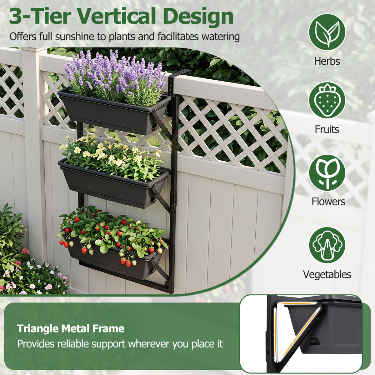 Deck Railing Planter Boxes with Adjustable Brackets & 3-Tier Design for Porch Patio-Black