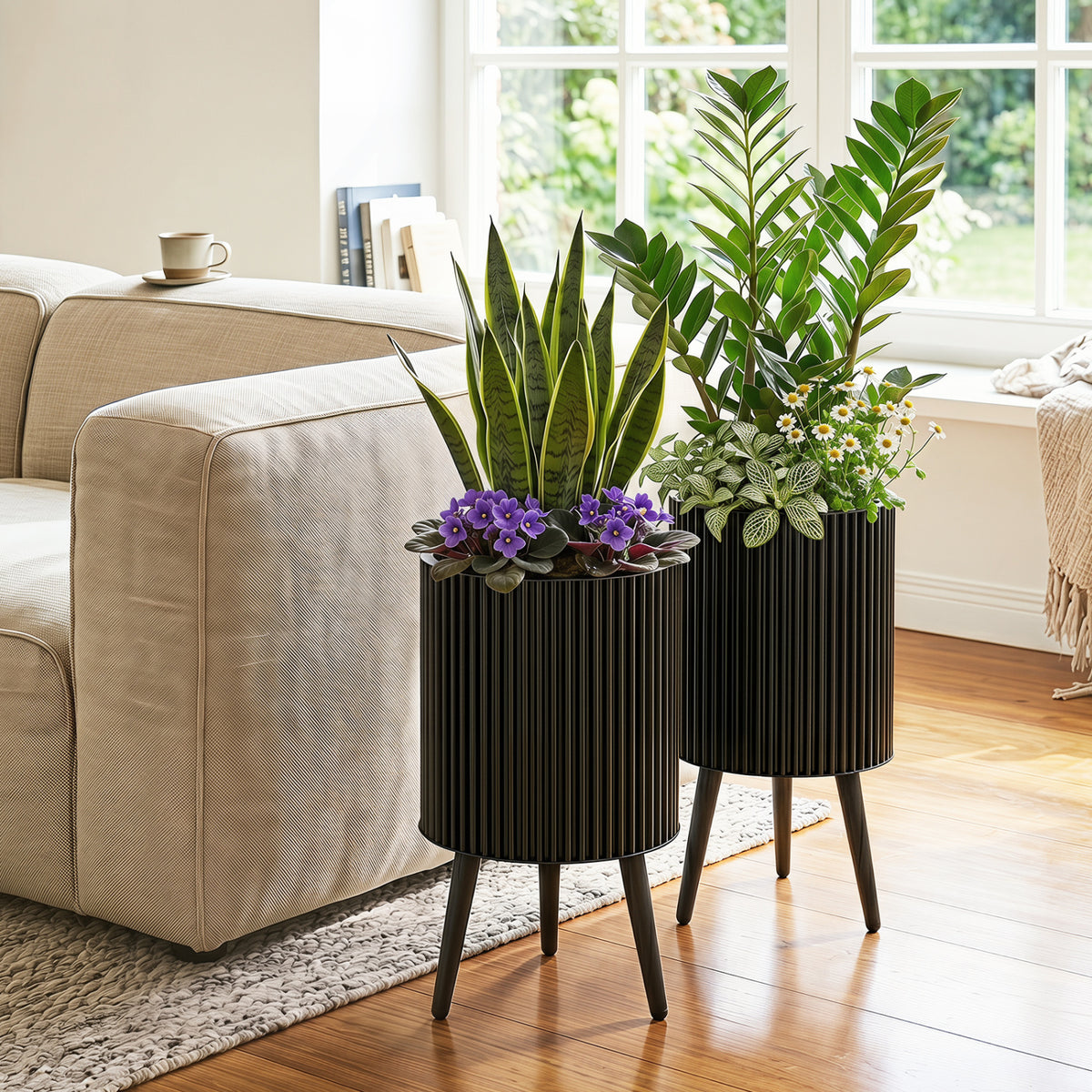 Decorative Flower Pots with Stand and Drainage Holes Set of 2-S
