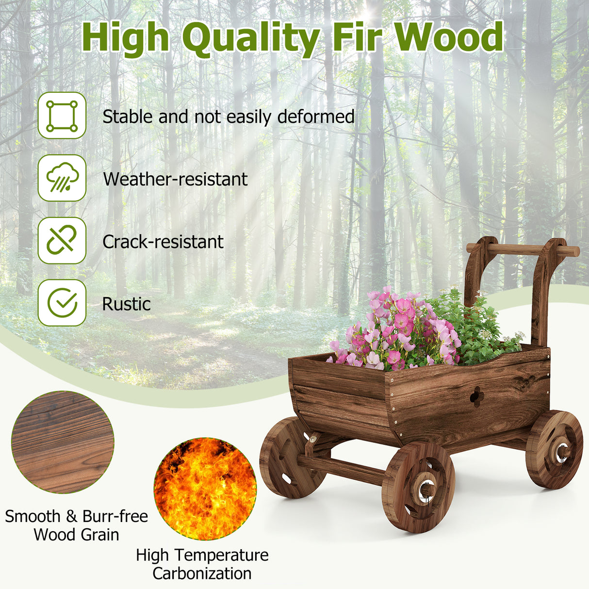 Decorative Wooden Wagon Cart with Handle Wheels and Drainage Hole-Rustic Brown
