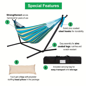 Heavy Duty Double Hammock with Steel Stand 450lbs Portable Outdoor Indoor Blue