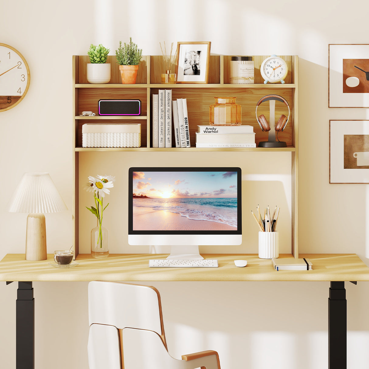 Desktop Bookshelf Countertop Storage Hutch with 6 Shelves-Beige