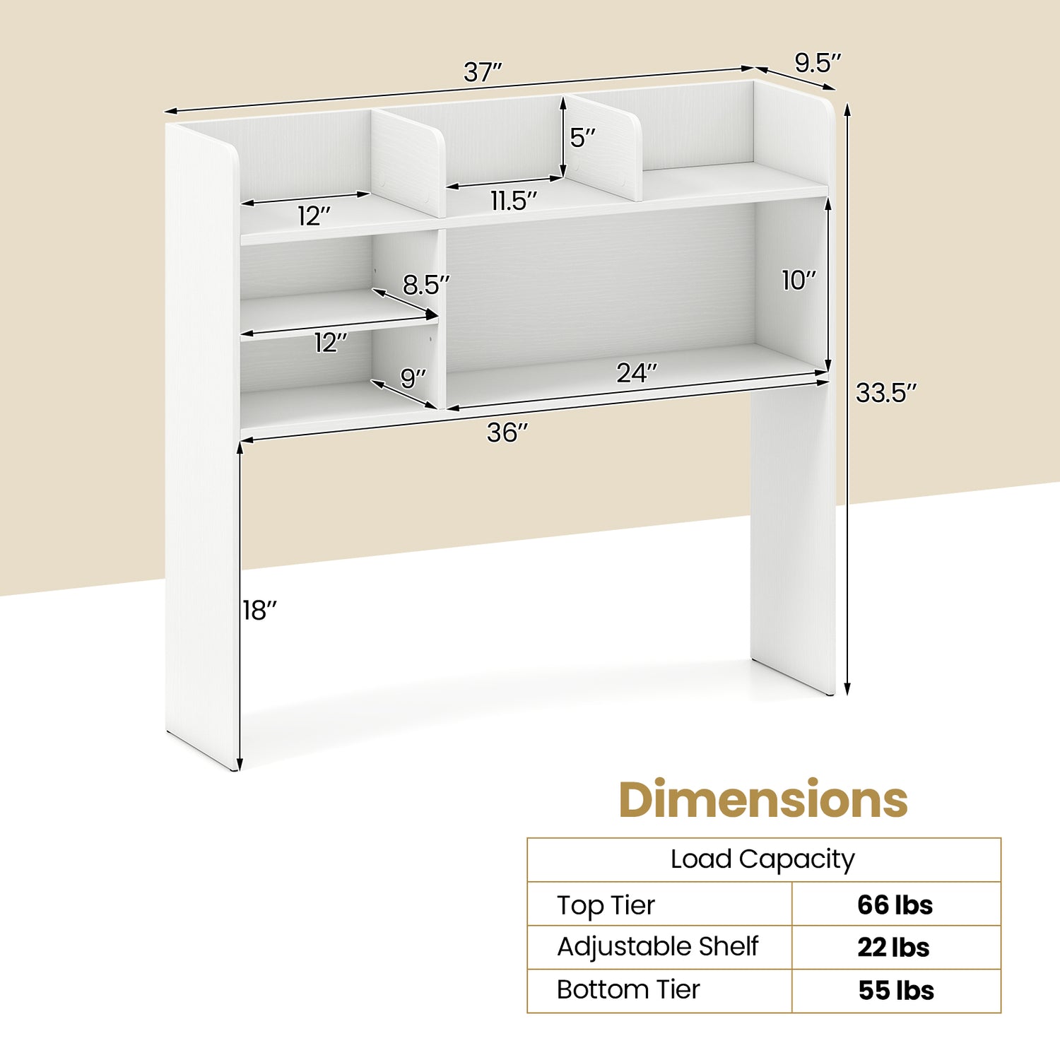 Desktop Bookshelf Countertop Storage Hutch with 6 Shelves-White