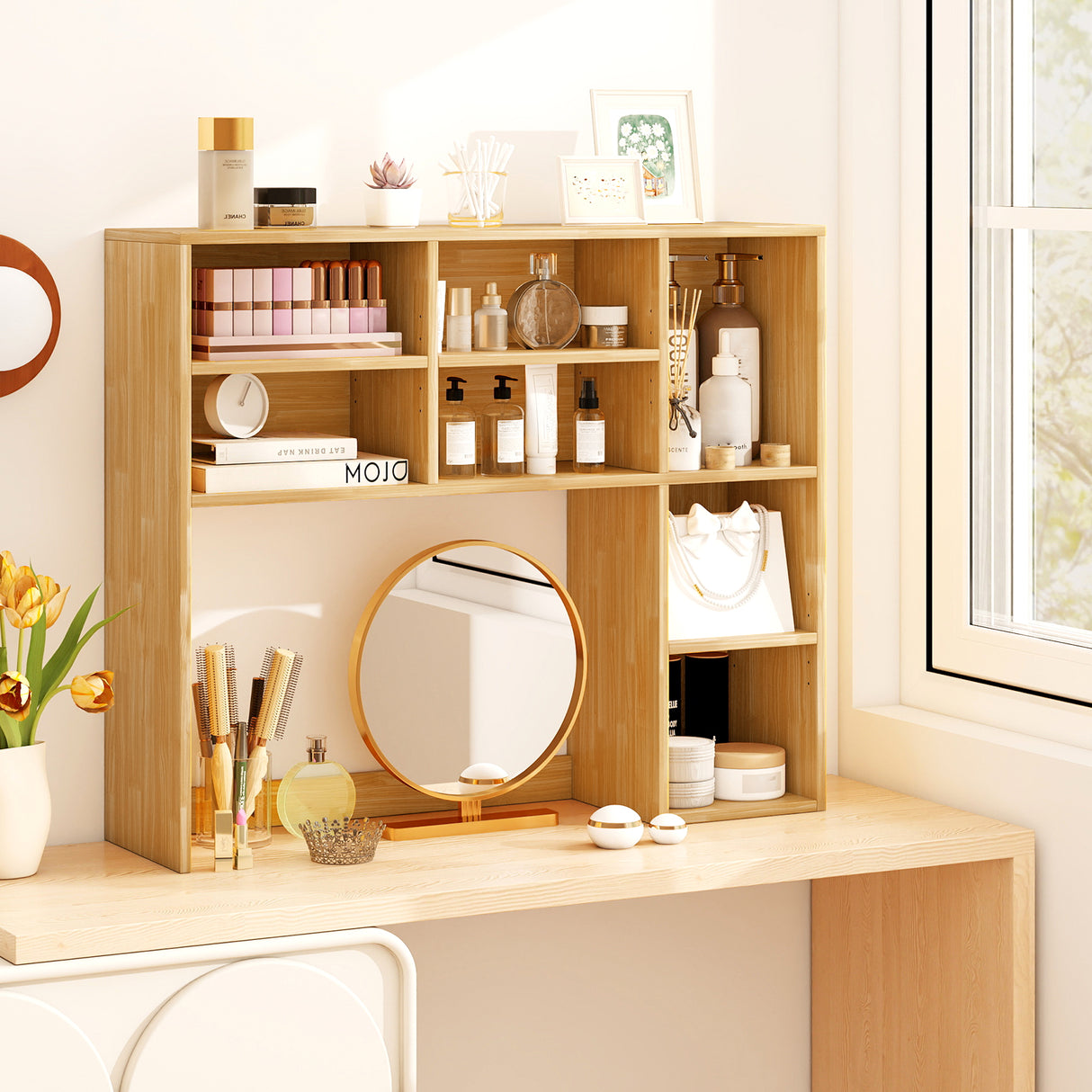 Desktop Bookshelf with 7 Open Cubbies and 3 Adjustable Shelves-Yellow