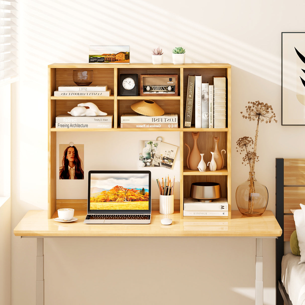 Desktop Bookshelf with 7 Open Cubbies and 3 Adjustable Shelves-Yellow