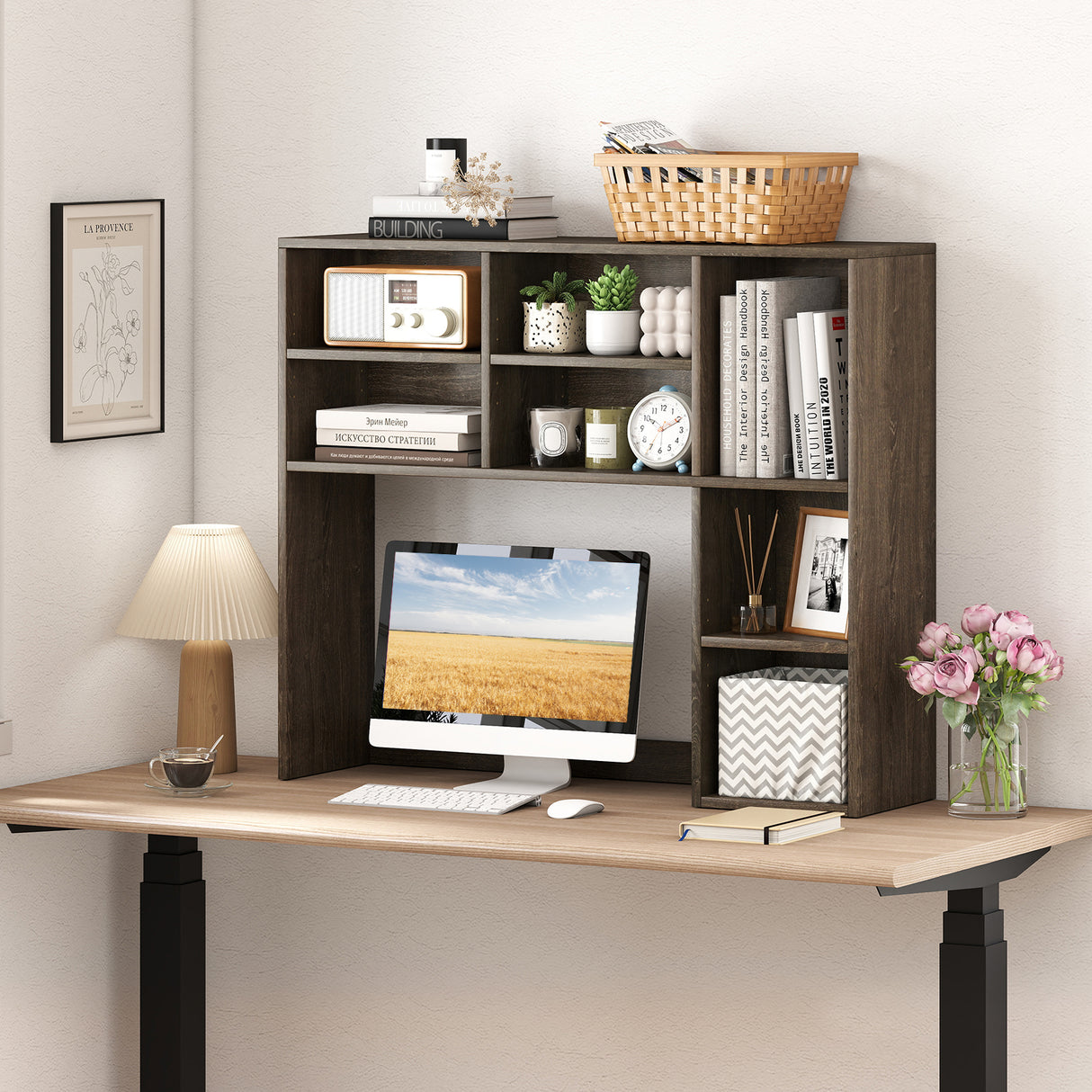 Desktop Bookshelf with 7 Open Cubbies and 3 Adjustable Shelves-Oak