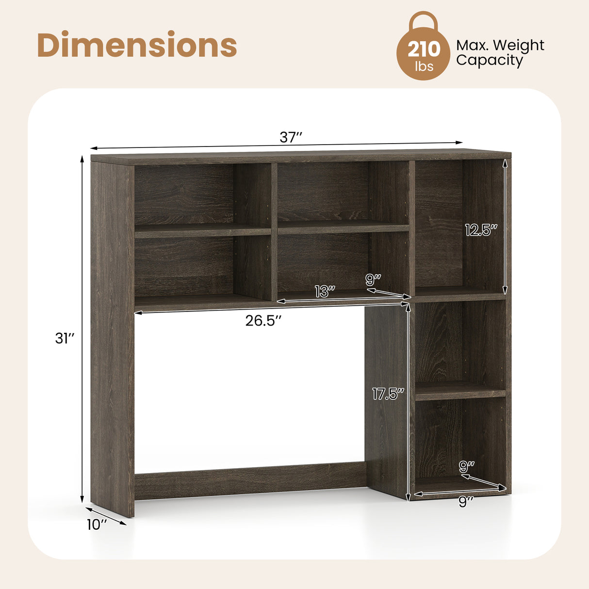 Desktop Bookshelf with 7 Open Cubbies and 3 Adjustable Shelves-Oak