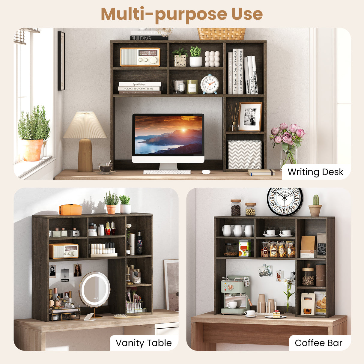 Desktop Bookshelf with 7 Open Cubbies and 3 Adjustable Shelves-Oak