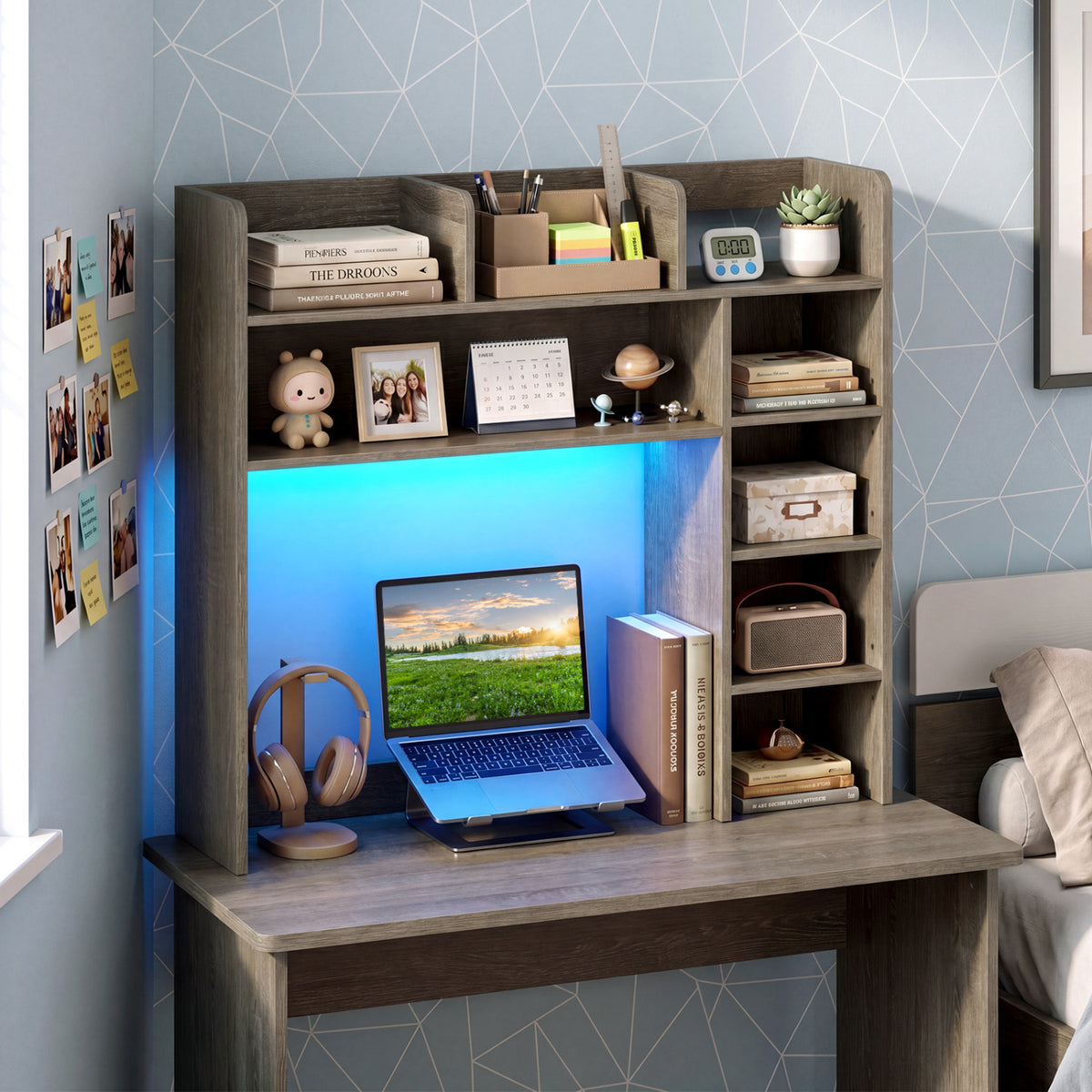 Desktop Bookshelf with LED Lights 35.5 inch Desk Hutch Storage Organizer-Oak