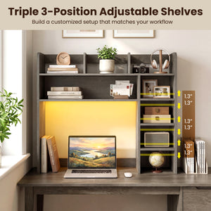 Desktop Bookshelf with LED Lights 35.5 inch Desk Hutch Storage Organizer-Oak