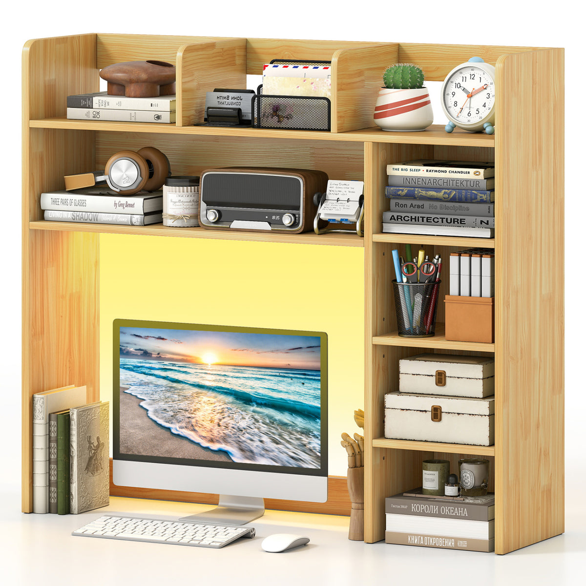 Desktop Bookshelf with LED Lights 35.5 inch Desk Hutch Storage Organizer-Beige